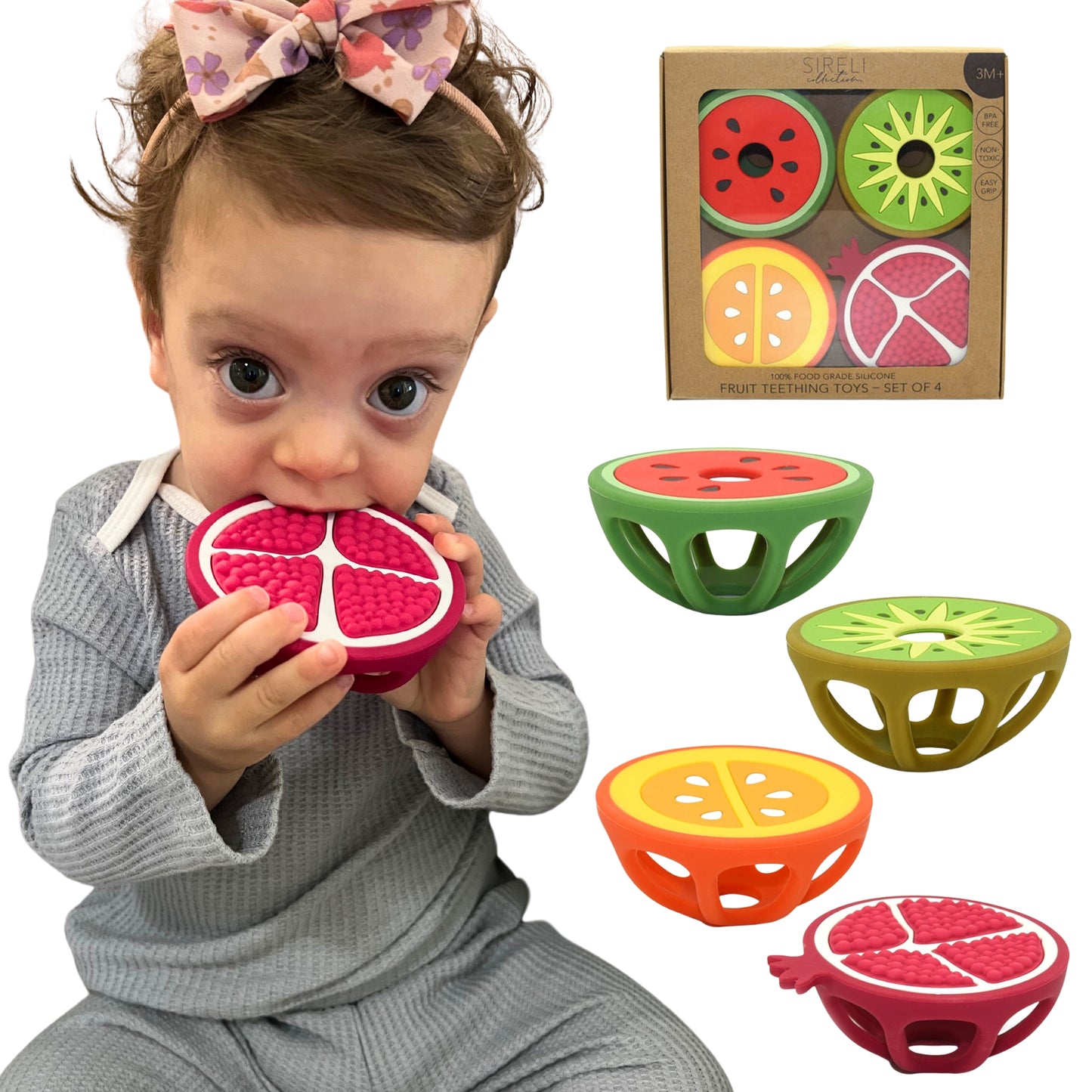 Set of 4 Baby Fruit Shaped Silicone Teething Toys